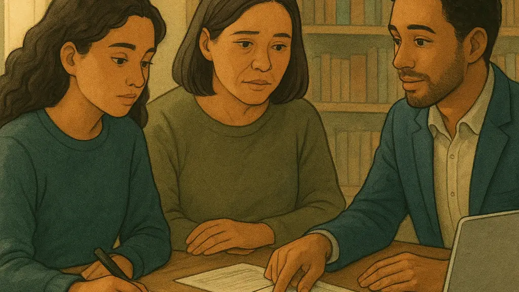 Student, parent, and counselor reviewing college fit options at a library table in a Studio Ghibli style illustration
