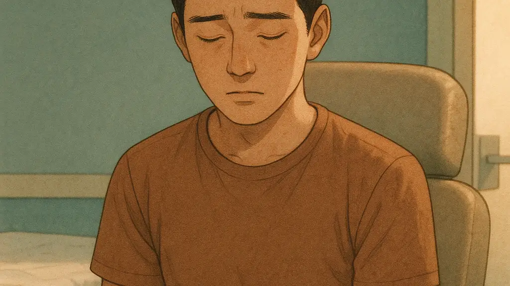 A patient looks down and takes one steady breath before answering more honestly in a quiet exam room beside a paper-covered exam table.