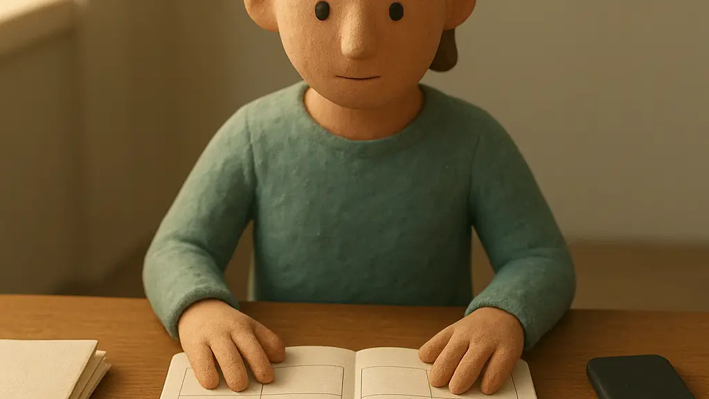 a homeowner sitting at a clean desk with payment papers stacked to one side and a blank weekly planner opened calmly in front of them after setting the phone face down.