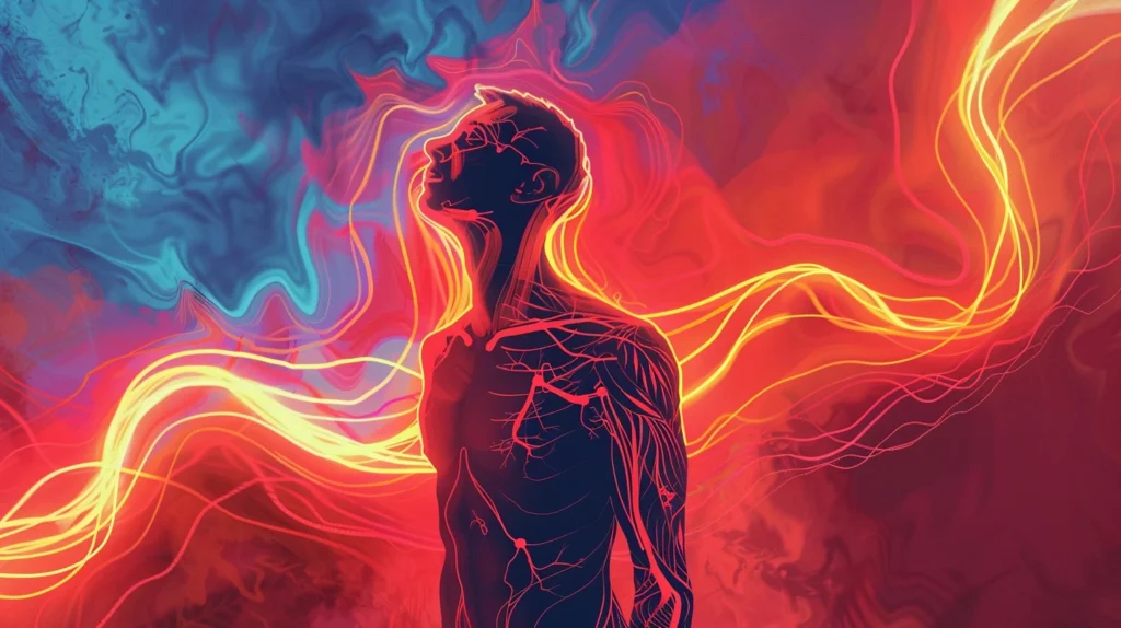 A semi-transparent human figure shows early distress signals around the jaw, chest, and breath against a wave-pattern background.