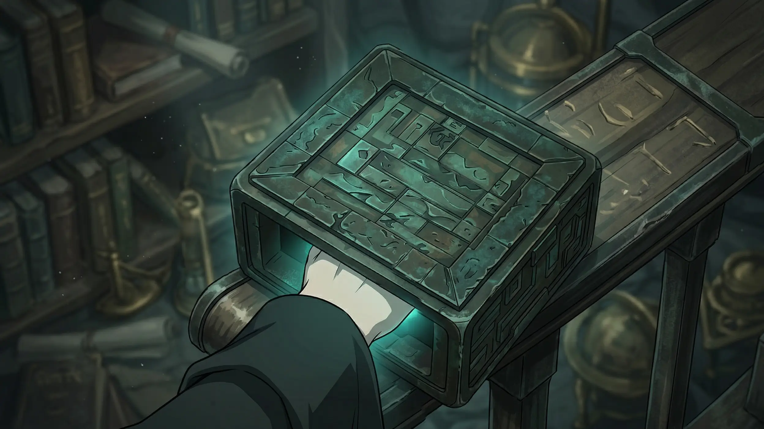 A stylized view of Paul Atreides' hand inside the gom jabbar test box in Dune, holding steady under fear and pain.