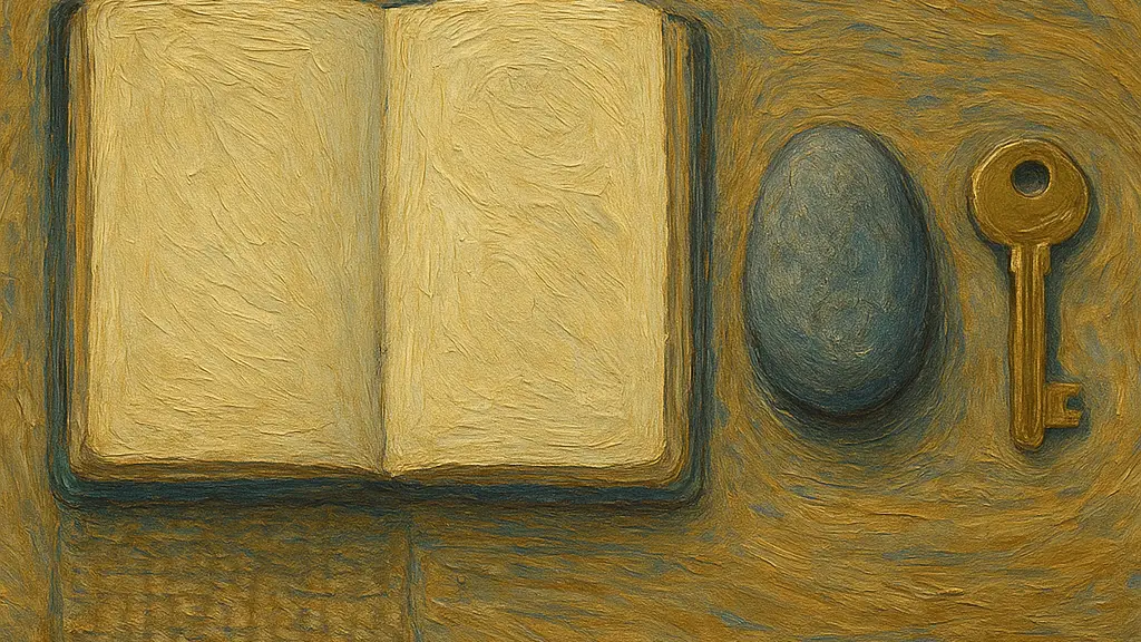 open notebook beside a smooth river stone and a single house key arranged in deliberate sequence on a mentoring table.