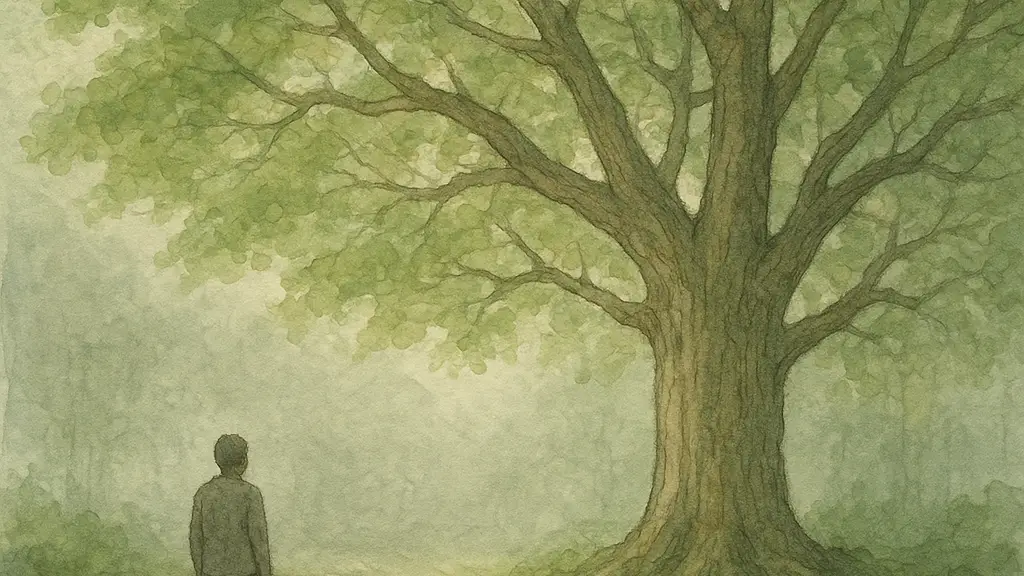 Person standing at the edge of a forest path facing a large multi-branched tree in soft watercolor light.
