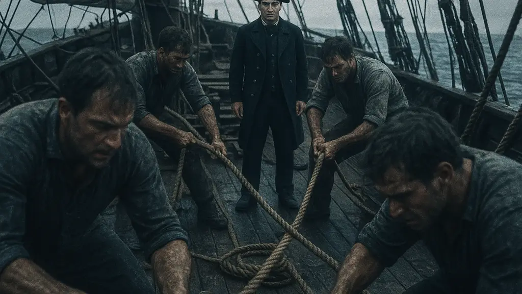 deckhands tightening lines while repeatedly glancing toward one unmoving captain on the main deck of a strained wooden ship.