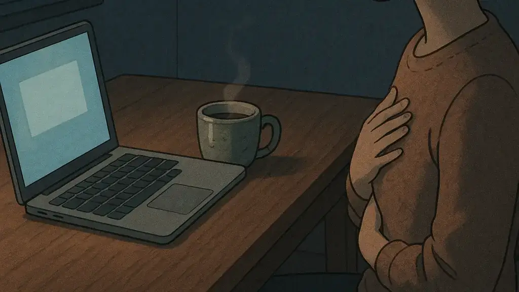 a laptop with a glowing assistant window still active on a kitchen table while its user sits a few feet back with both feet flat and hands resting lightly over chest and abdomen in a slow coherence-breath reset.