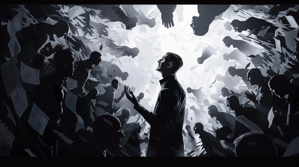 Surreal writer surrounded by shadowy critical figures while revising under a harsh spotlight