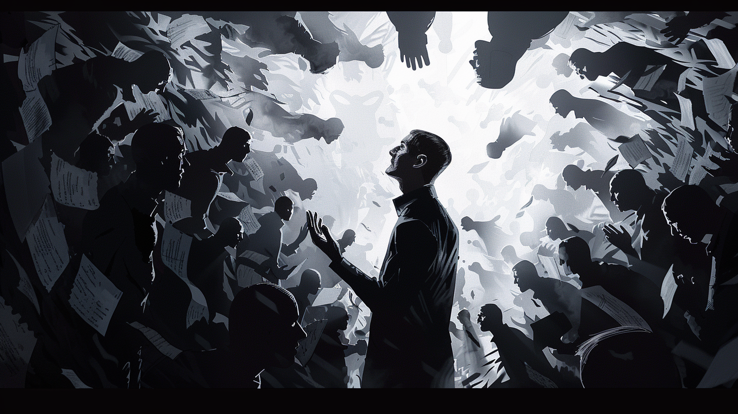 Surreal writer surrounded by shadowy critical figures while revising under a harsh spotlight