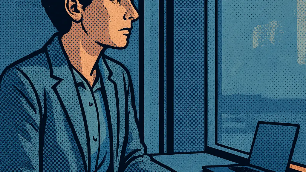 an adult standing at an office window with a closed laptop on a side table after a tense meeting.