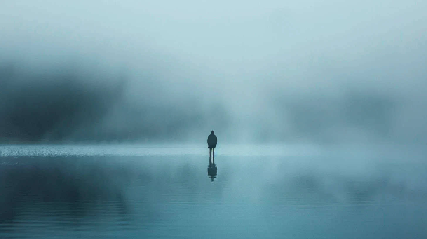 Person standing in shallow water with distorted reflections and mist, suggesting calm uncertainty before relief.