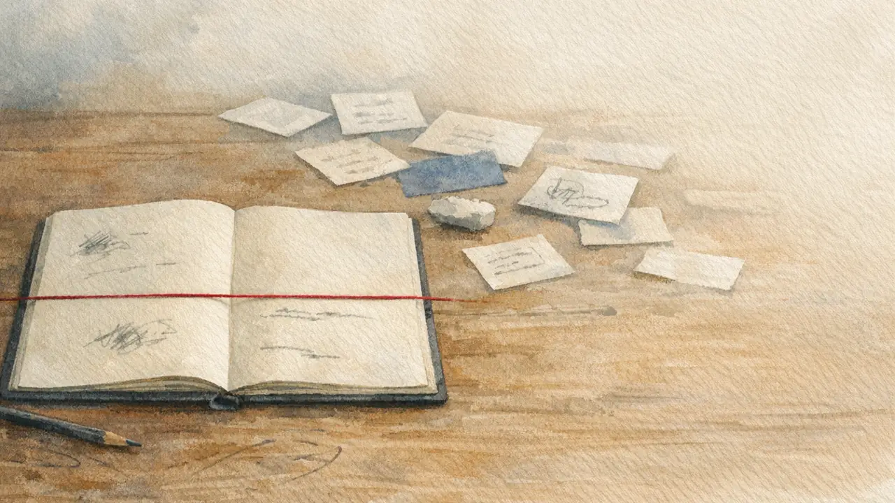 Open notebook on a wooden desk with a red thread running across the pages toward scattered note cards and a small stone.