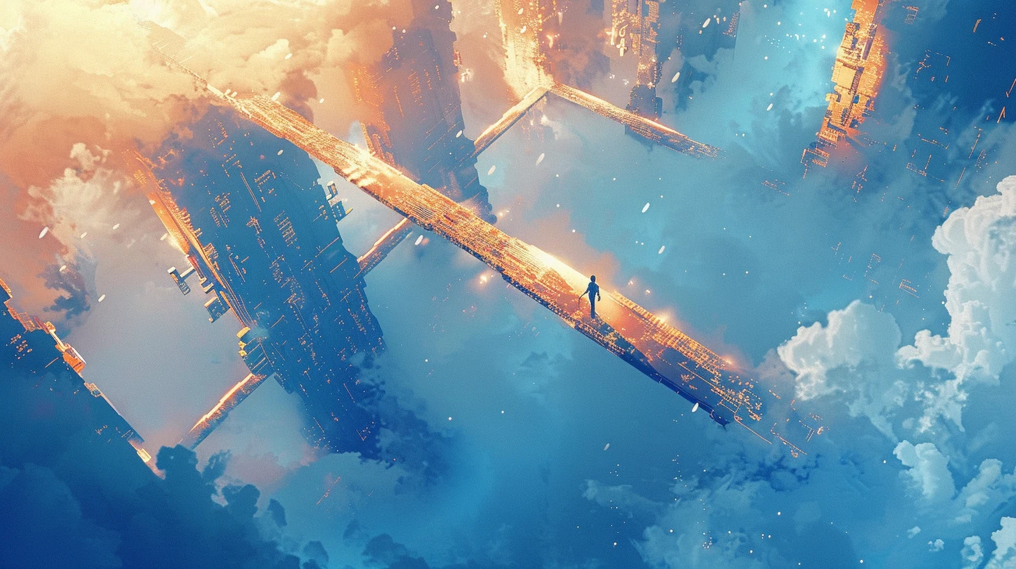 Surreal digital painting of a person building a bridge of glowing data fragments toward shadowy figures waiting across a foggy, cloud-filled void.