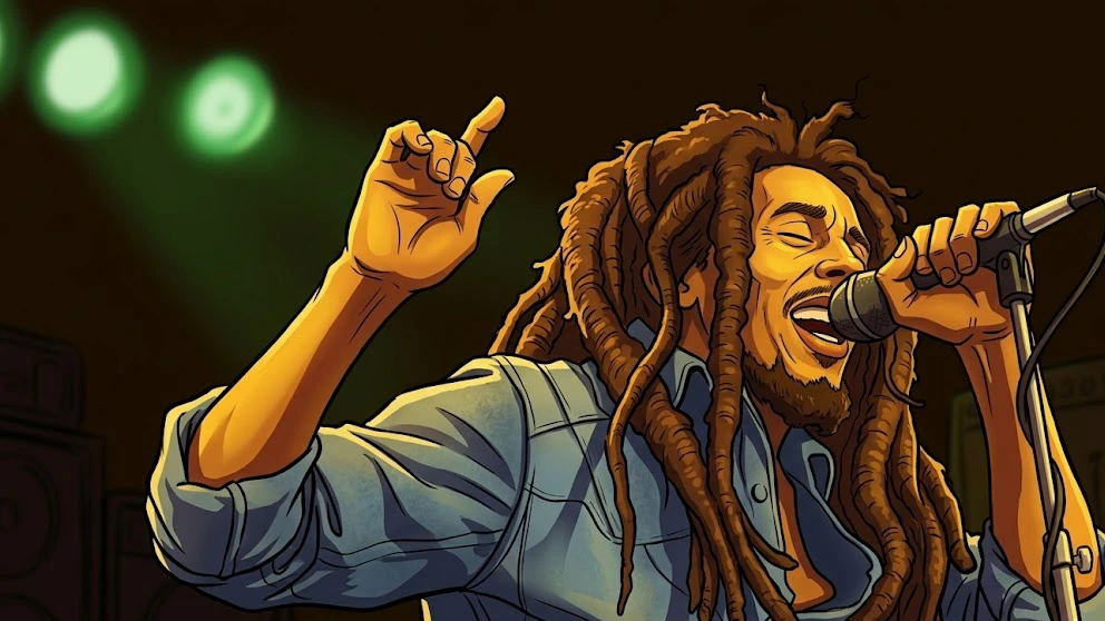 Cartoon-style image of Bob Marley singing on stage into a microphone under green spotlights.