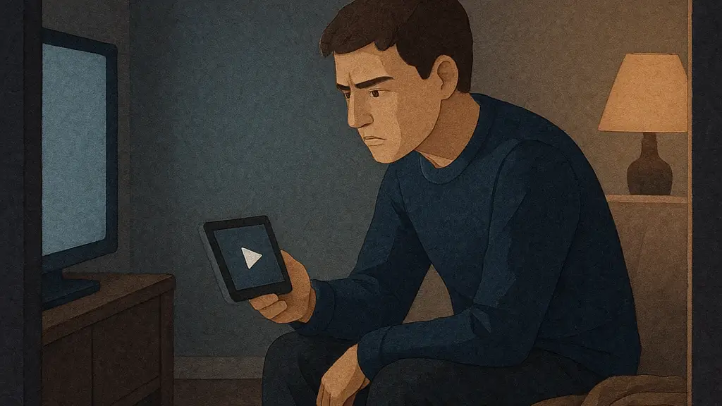 Paper-cut illustration of a person leaning forward on a couch with jaw set and shoulders raised while a paused video waits in their hand and the room itself stays unchanged in a quiet living room.