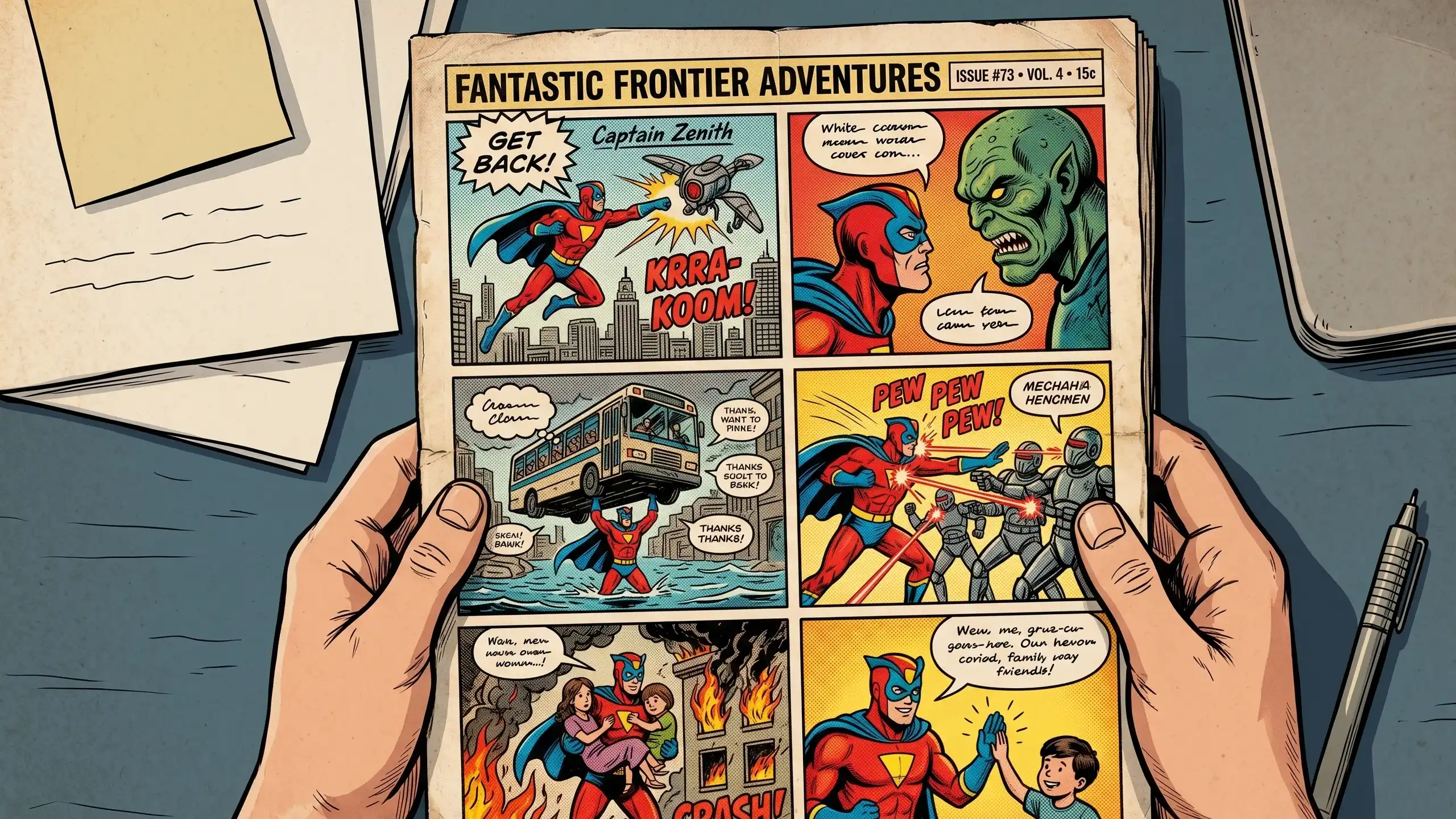 two hands holding an open adventure comic above desk papers in a quiet home office while revisiting an old story about power and corruption.