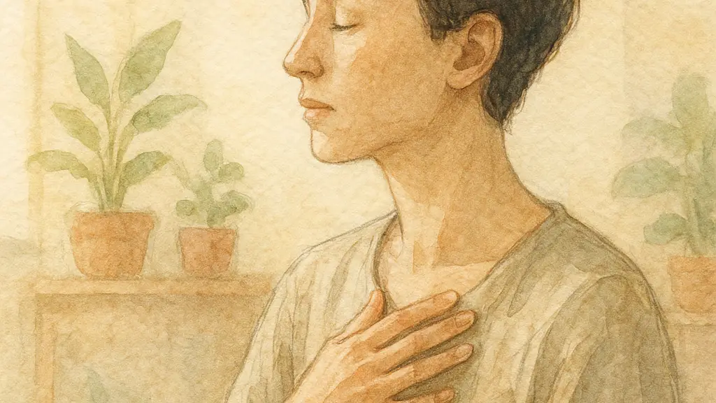Watercolor sketchbook illustration of a person with eyes closed gently tapping the clavicle in a warm sunlit room with potted plants.