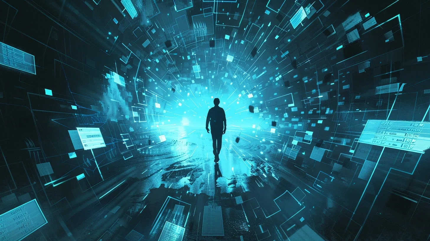 A lone silhouette walks into a blue digital tunnel of floating data panels and light, evoking protocol, mission focus, and emotional distance from ordinary life.