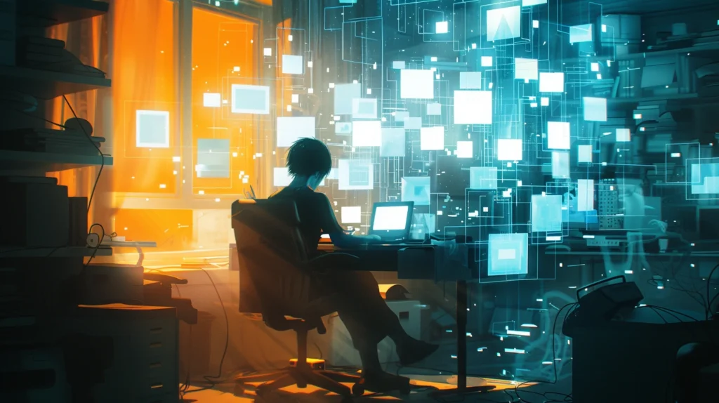 A lone person sits at a cluttered desk surrounded by glowing screens and fading task windows in a dim room.