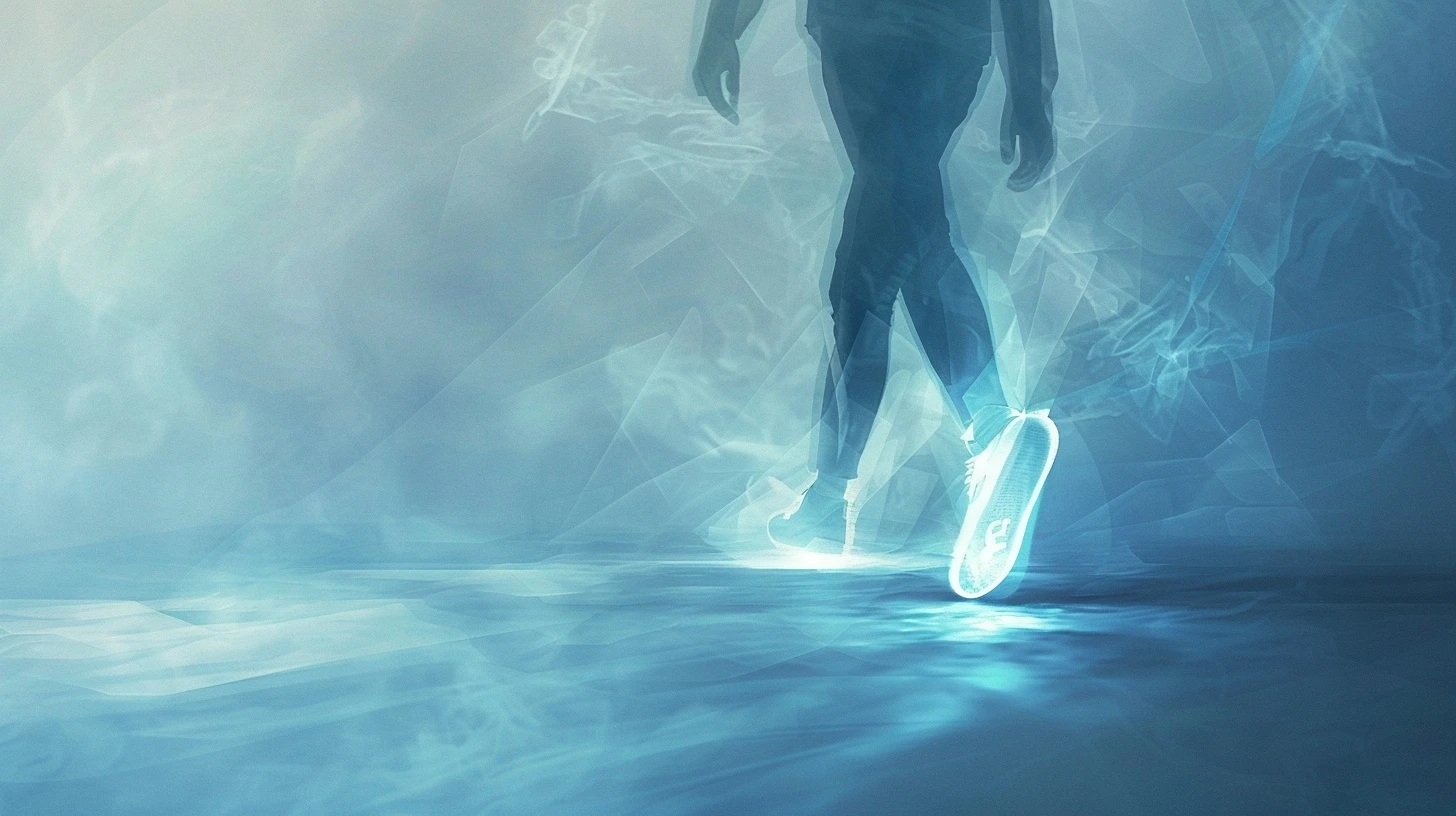 A surreal figure walks through blue-gray fog while the foot glows where a stone presses inside the shoe.