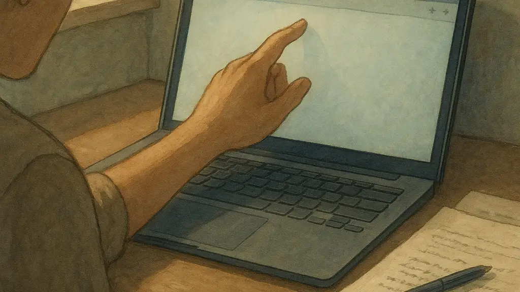 an adult opening one more browser tab while a half-finished handwritten list grows beside the laptop in a modest home office.