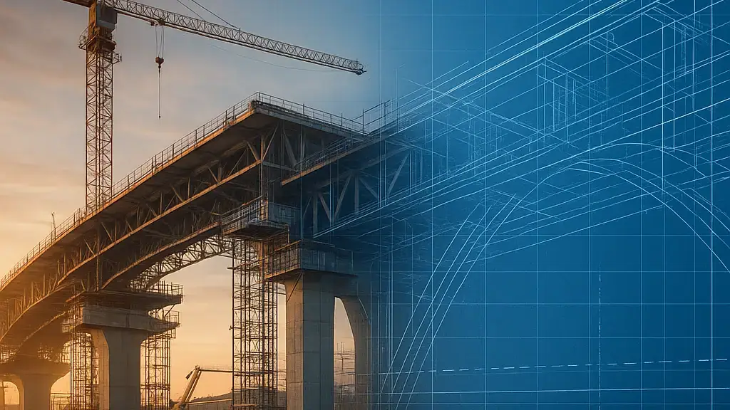 Blueprint lines transition into a real bridge under construction.