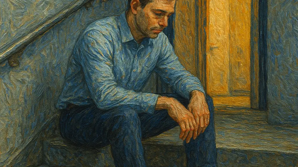 an adult sitting on a quiet office stairwell landing with a phone face down beside them and shoulders easing before going back to the desk.