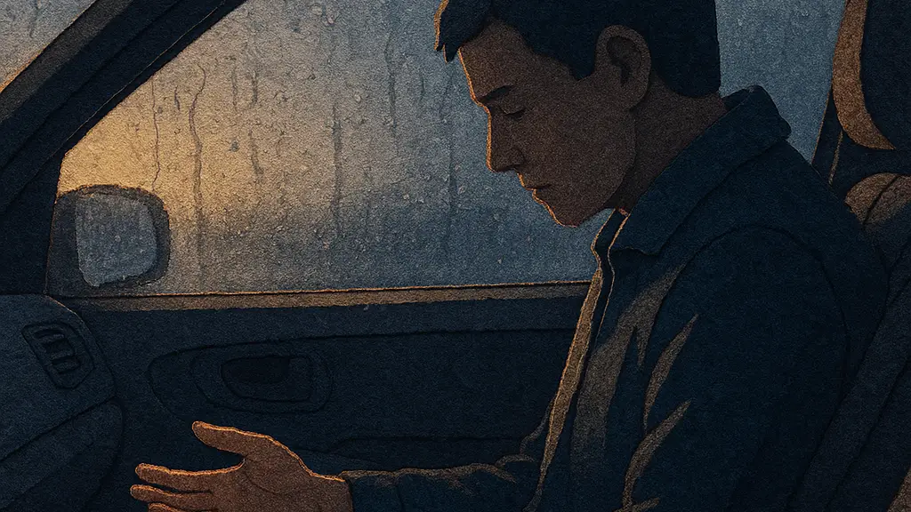 Paper-cut illustration of a person sitting in a parked car with shoulders lowered and both hands open on the steering wheel after a hard appointment before stepping back into the day.