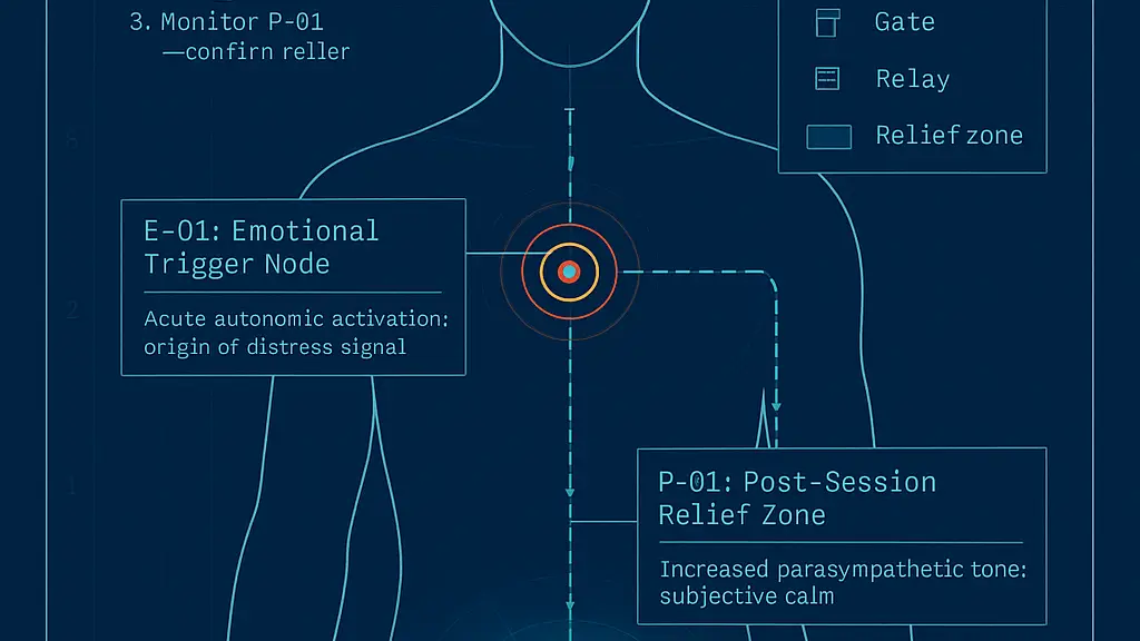 Blueprint body map with a central chest marker, line paths, and labeled relief zones.