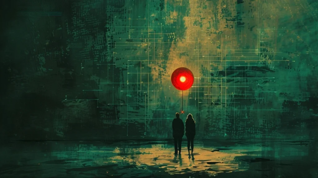 Two people stand before an abstract map with a red focal marker, representing the move from broad session material to one specific event.