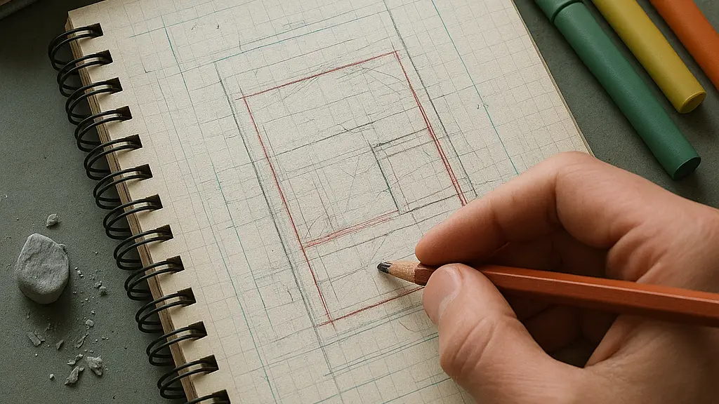 Blueprint-style illustration of a hand erasing and redrawing a plan on a notepad beside a neat stack of workbooks and capped highlighters at a home office desk.