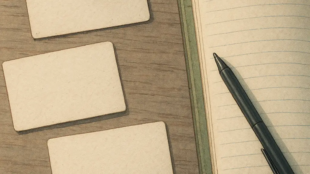 Three blank index cards beside a paused pen and an open session notebook on a mentoring table.