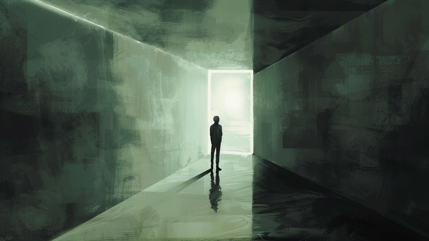 a person stands in a narrowing hallway where doors disappear into blank walls and a single glowing exit waits ahead.