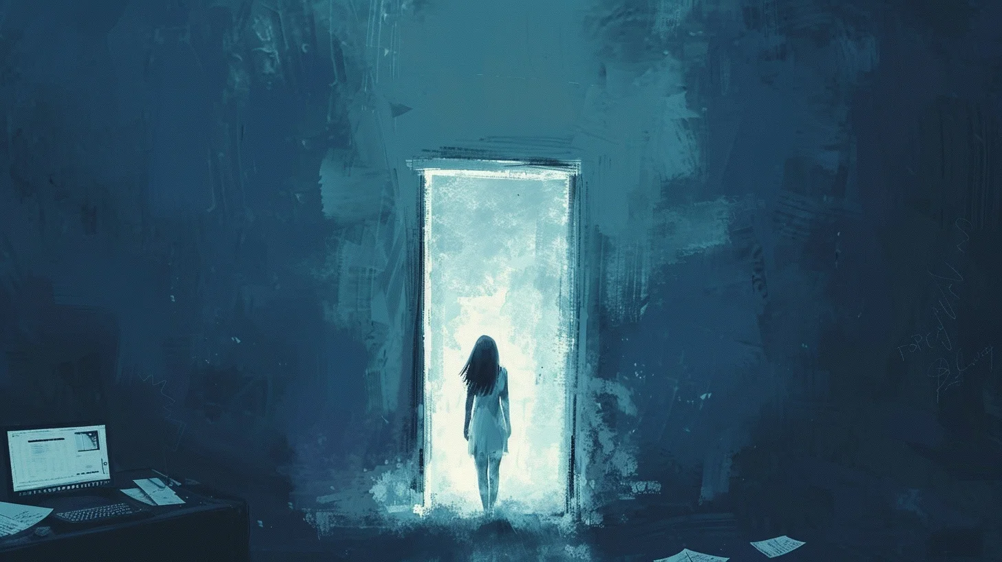 Surreal digital painting of a blinking text cursor transformed into a small doorway of light above a desk, with a woman standing before it and one hand on her chest.