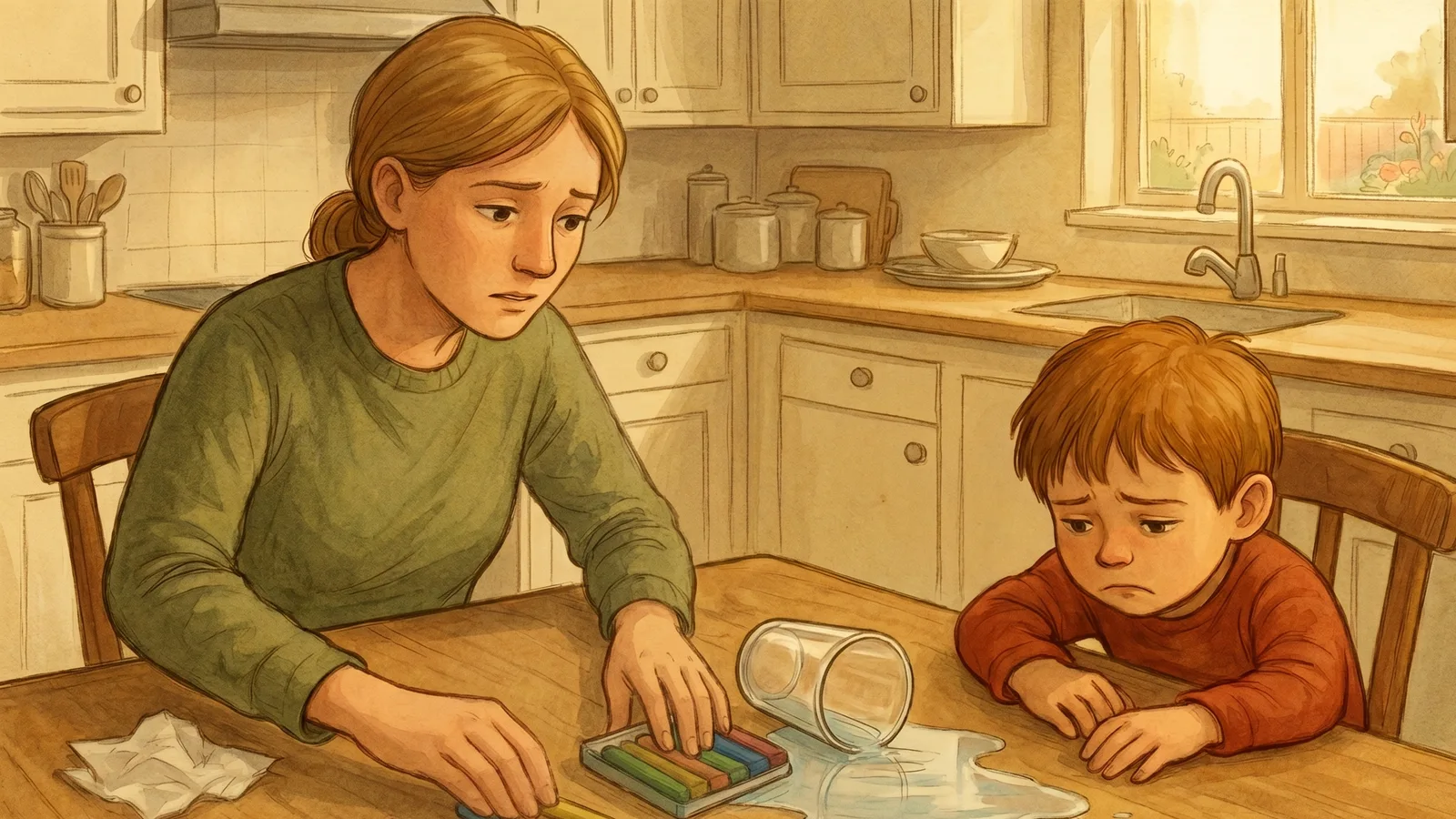 Parent and child sit at a kitchen table with spilled water, scattered markers, and subdued faces after a hard parenting moment.