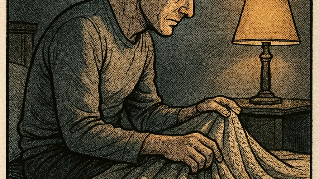 an adult pulling the blanket over both feet and releasing a slower exhale while sitting at the edge of the bed in a quiet bedroom.