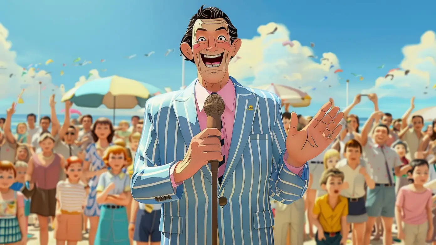 a stylized civic official speaks into a microphone at a sunny crowded beach.