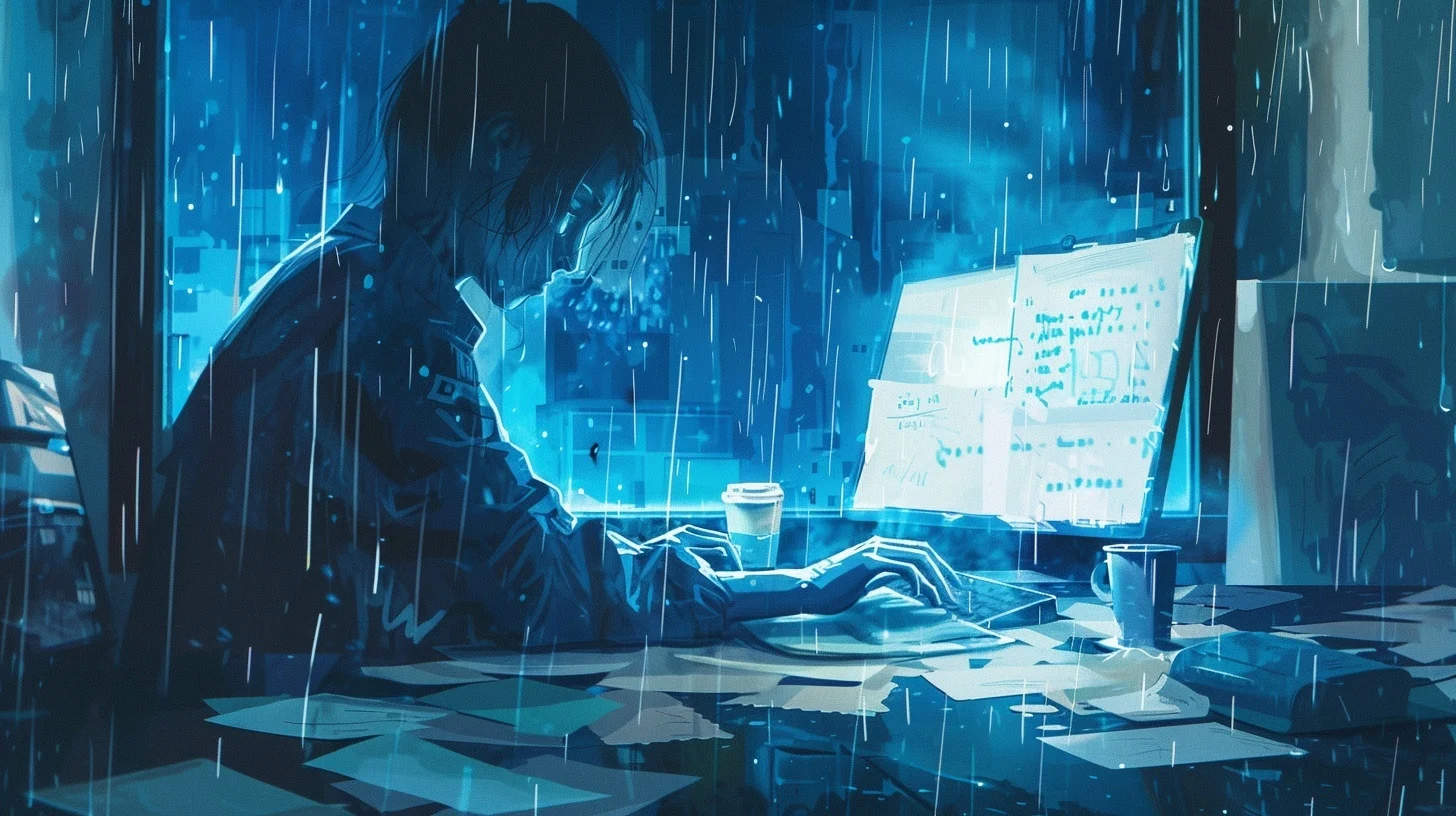Impressionistic painting of an exhausted person at a desk facing a glowing half-written document in a dim rainy midnight workspace.