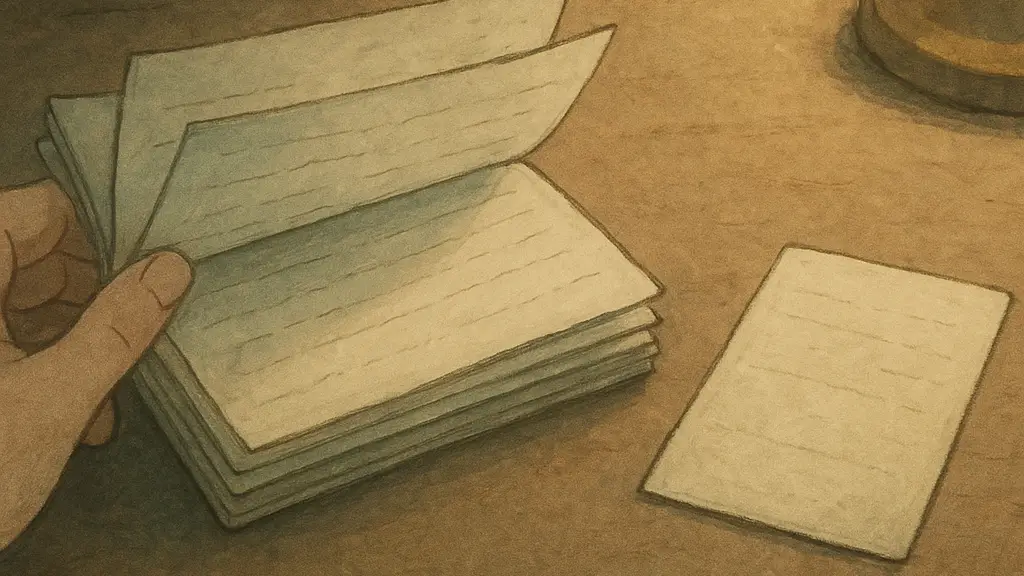 a partly opened accordion of handwritten notes being gently closed while one small index card remains set apart on the desk in a practitioners workspace.