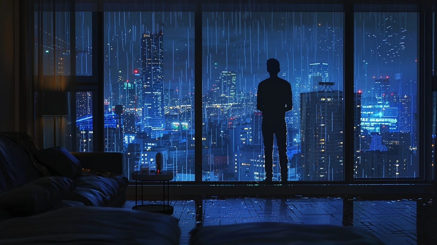 A solitary person stands in a modern apartment at night, seen from behind, with rain on the windows and a phone glowing nearby.