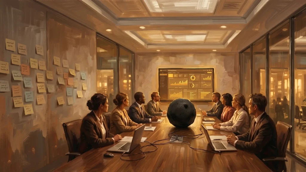 Executives in a warm boardroom study an amber dashboard while ignoring a heavy object in the center of the table.