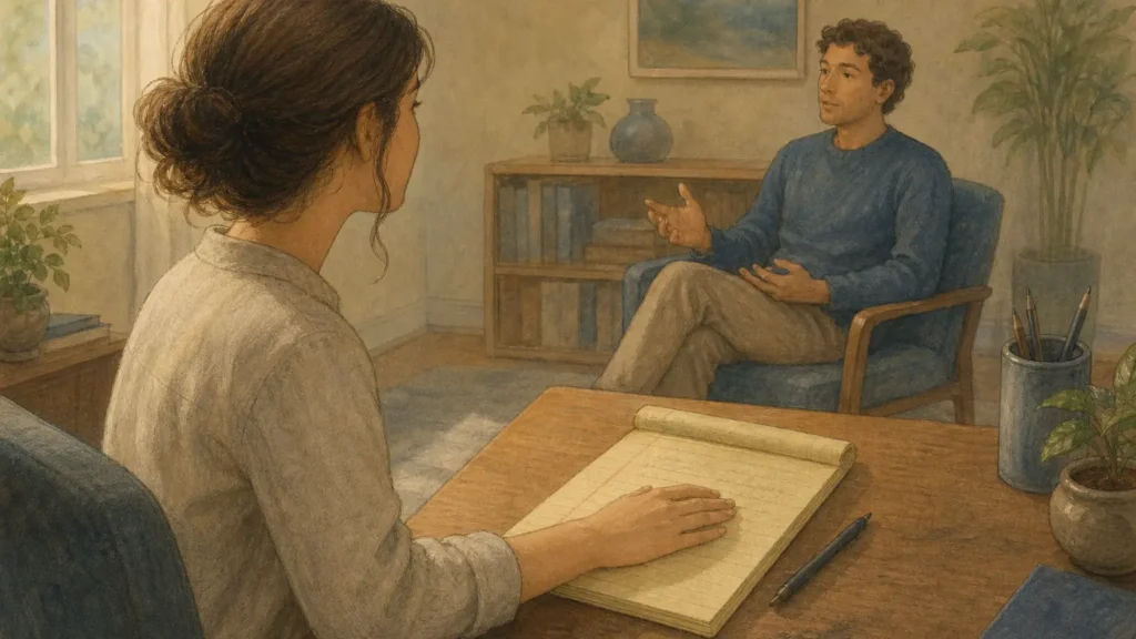 Children's picture book illustration of a trainee practitioner listening with one hand paused on a legal pad in a quiet session room.