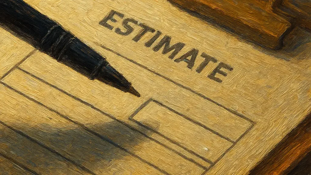 Van Gogh style image of a pen over an estimate form with a blank amount box.