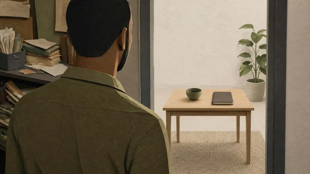 A cut-paper scene of someone pausing at the threshold between a cluttered room and a clear table, showing the moment pressure gives way to one next step.
