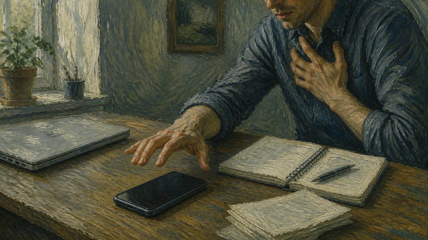 A hand stopping short of picking up a smartphone, fingers hovering above the device while the other hand presses into the upper chest, shoulders drawn in and unfinished call notes nearby.