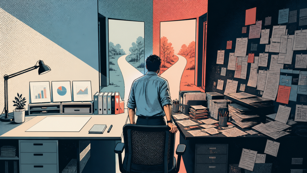 An illustrated person between a calm AI-assisted workspace on the left and paperwork chaos on the right, facing two diverging paths.