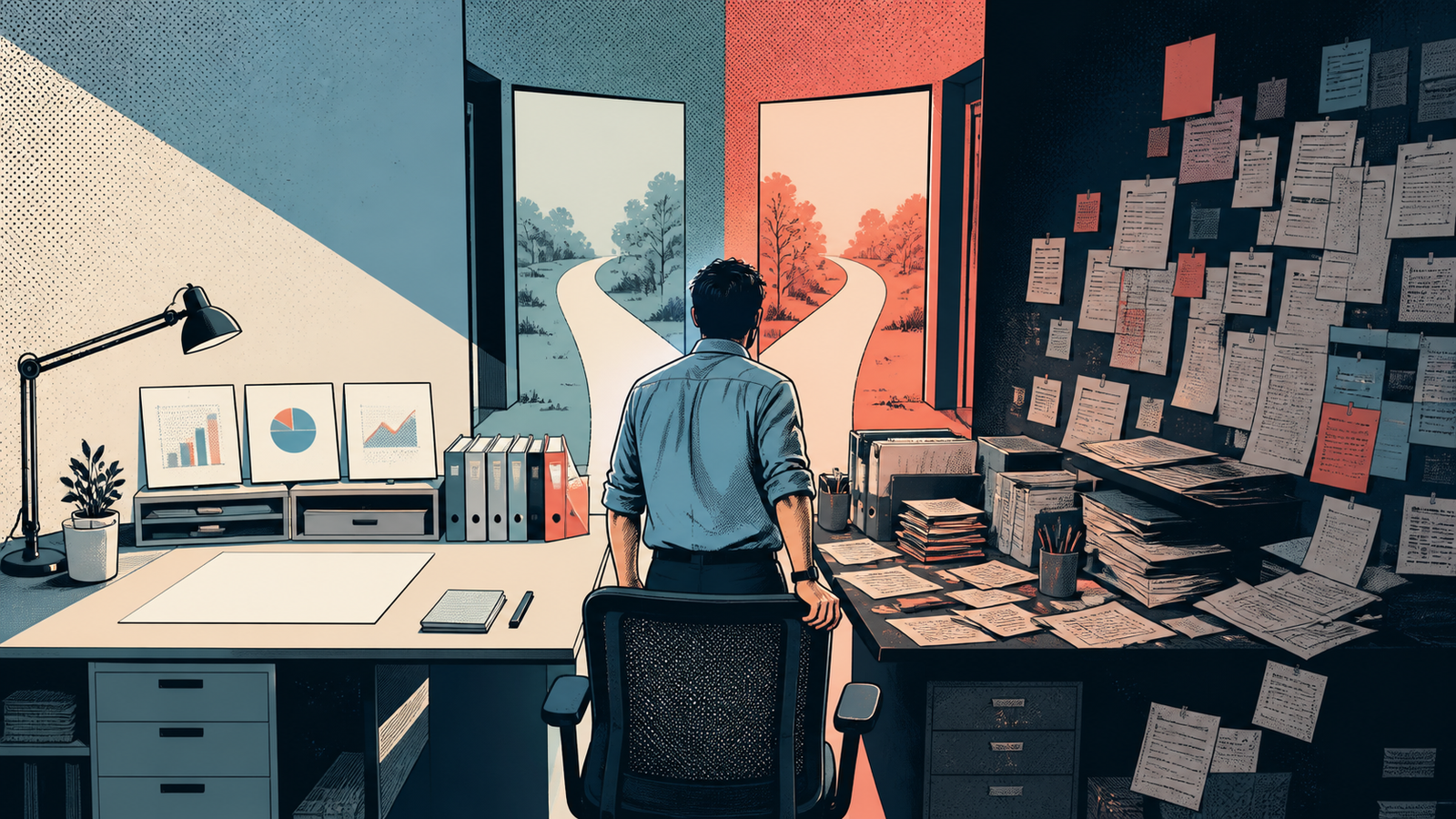An illustrated person between a calm AI-assisted workspace on the left and paperwork chaos on the right, facing two diverging paths.