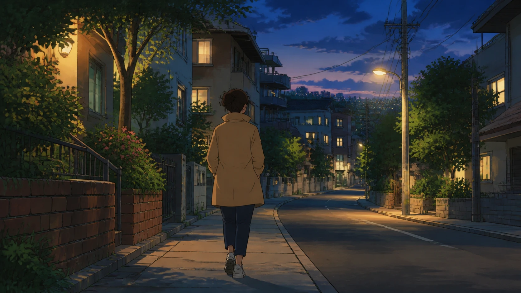 Hand-drawn illustration of a person walking through a neighborhood at blue hour, with warm streetlights and an evening sky.