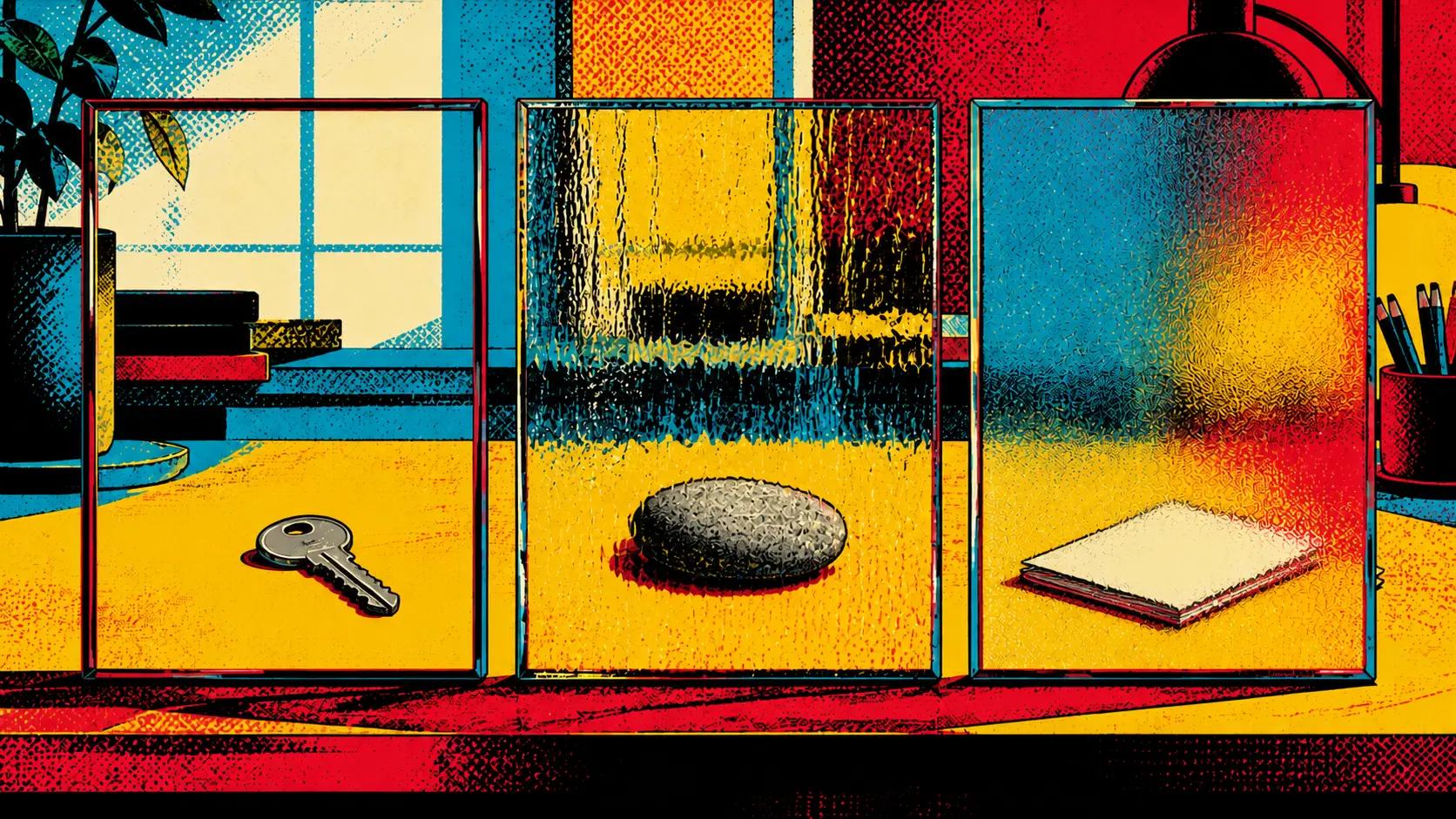 Pop Art key behind clear glass, stone behind rippled glass, and notebook behind fogged glass, illustrating changing access to decision clarity.