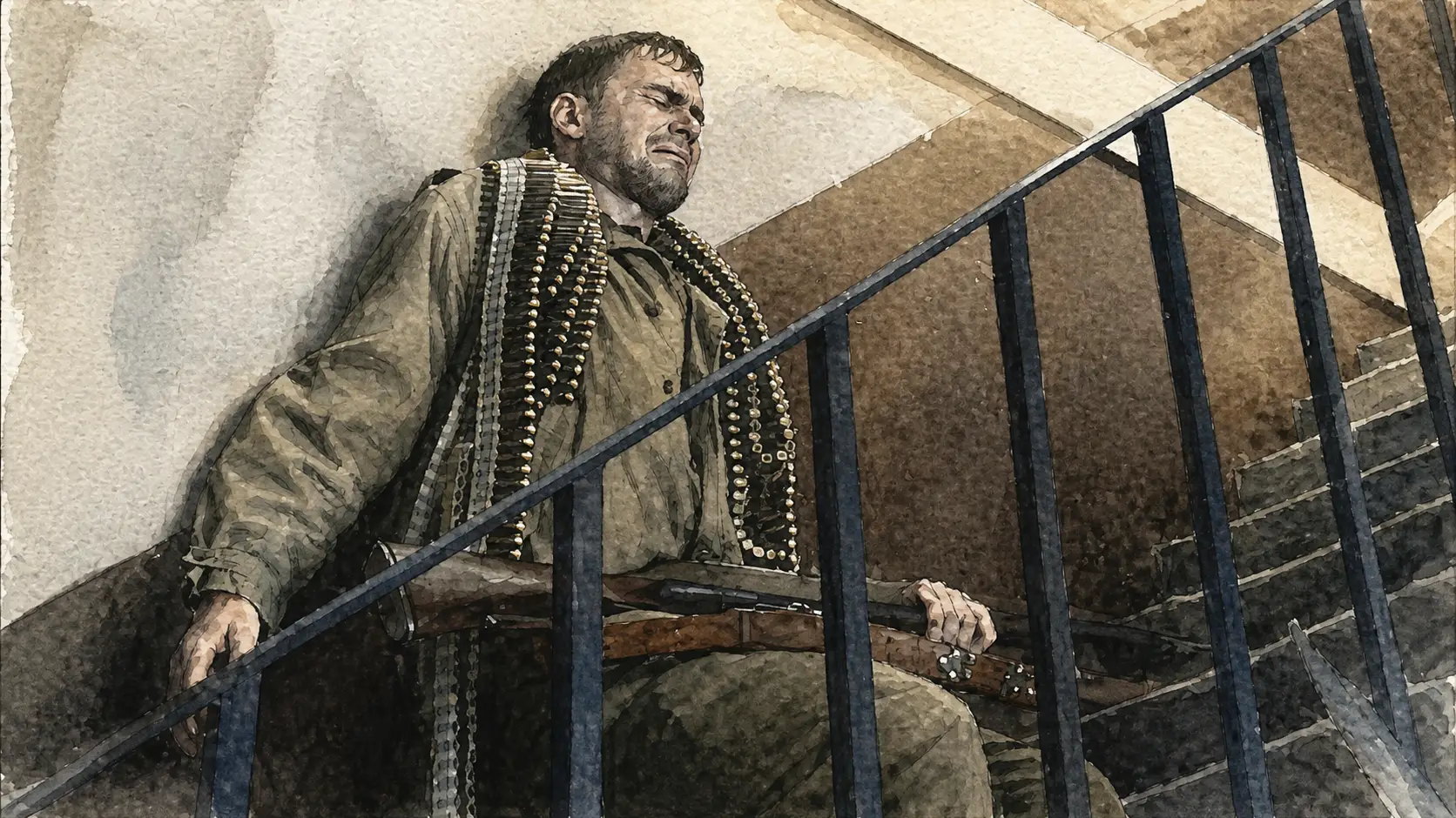 Watercolor sketchbook scene of a man paused on a stairwell behind a dark railing.