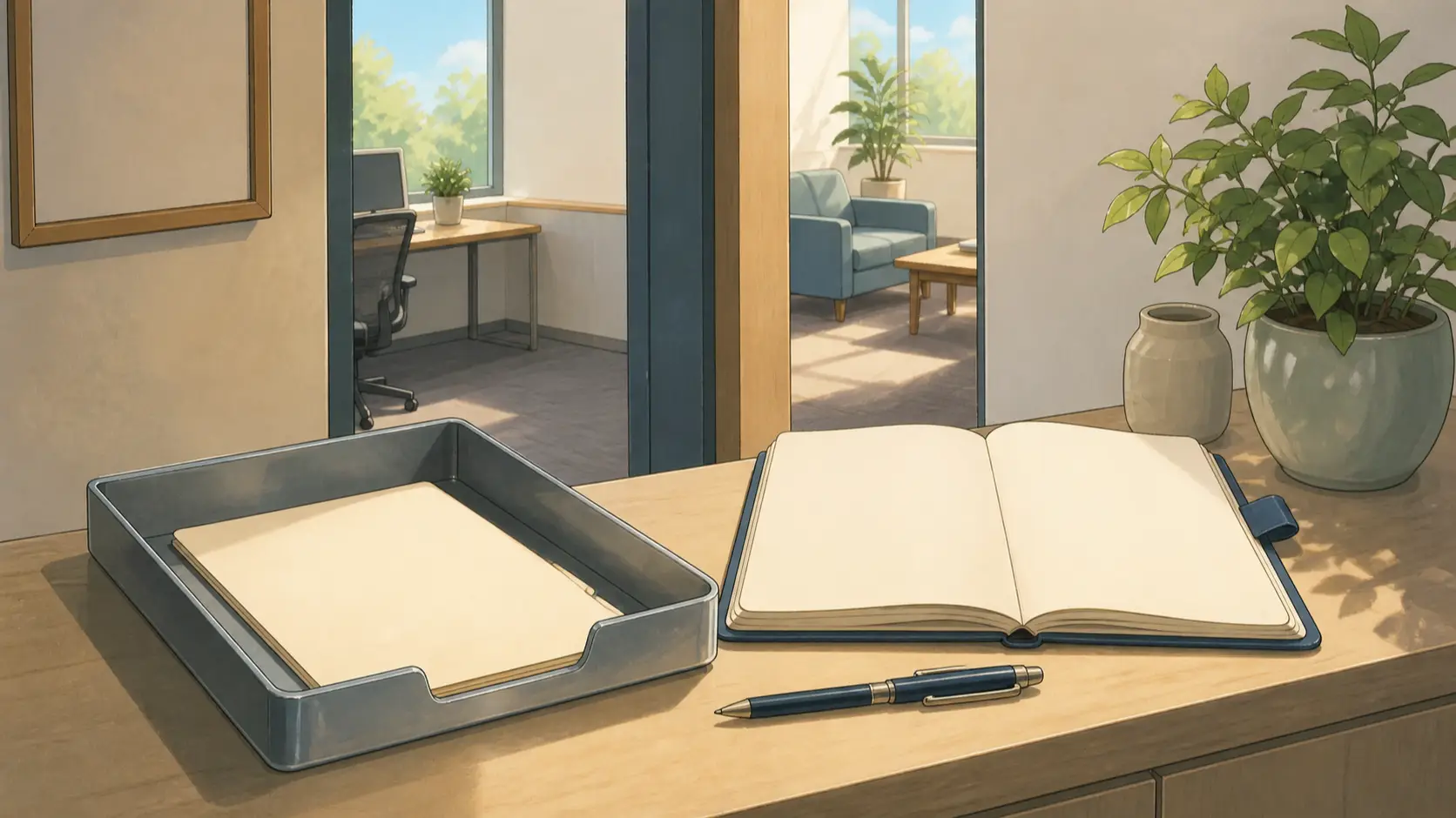 A task handoff tray beside an intentionally open afternoon planner block with one neatly prepared folder in the tray, simple checklist strokes, a large blank color block on the planner page.