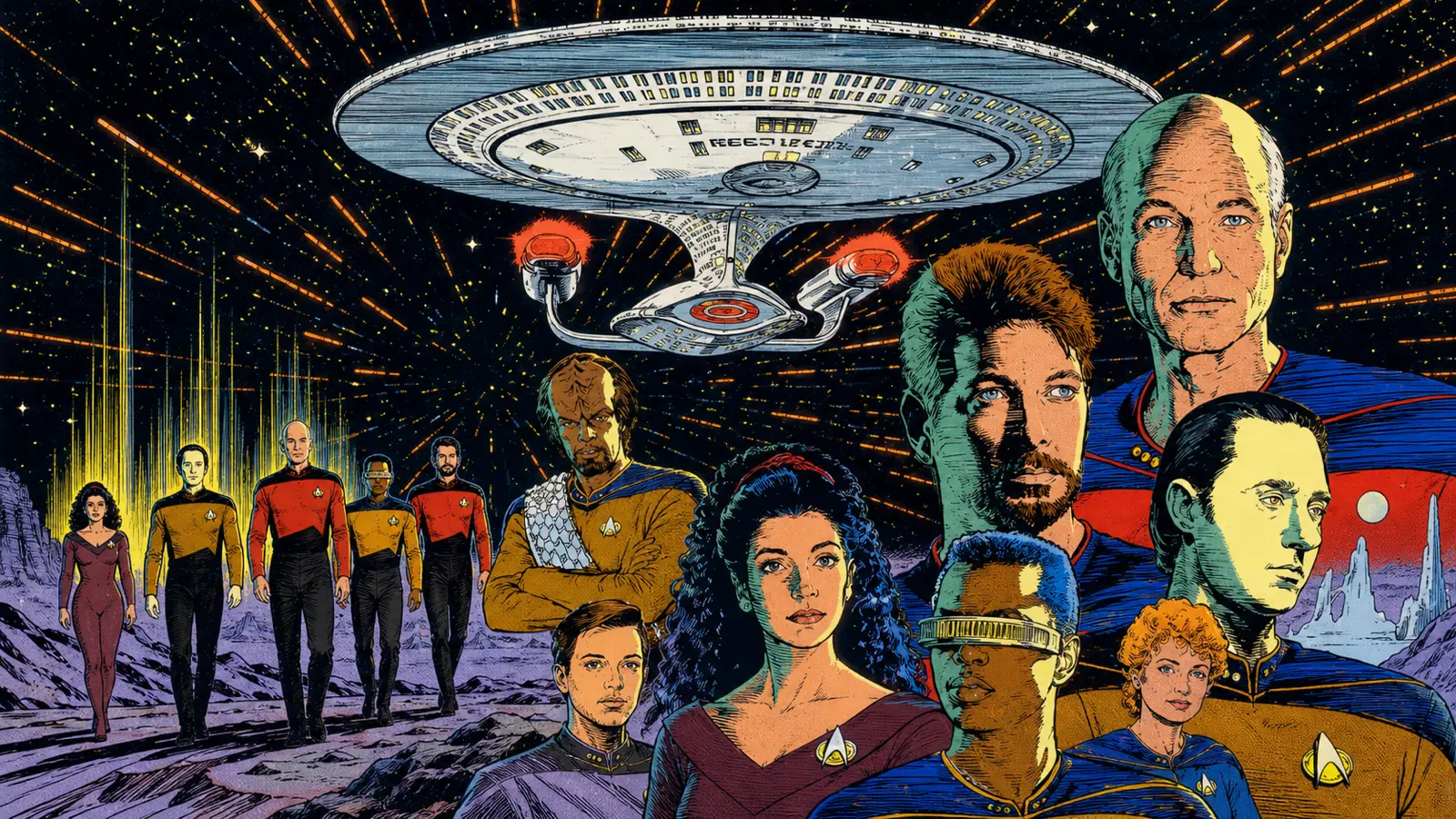 The Enterprise-D and its crew in a wide retro science-fiction comic collage with a dramatic starfield, warm radiating streaks, and no phone interface, no cover text.